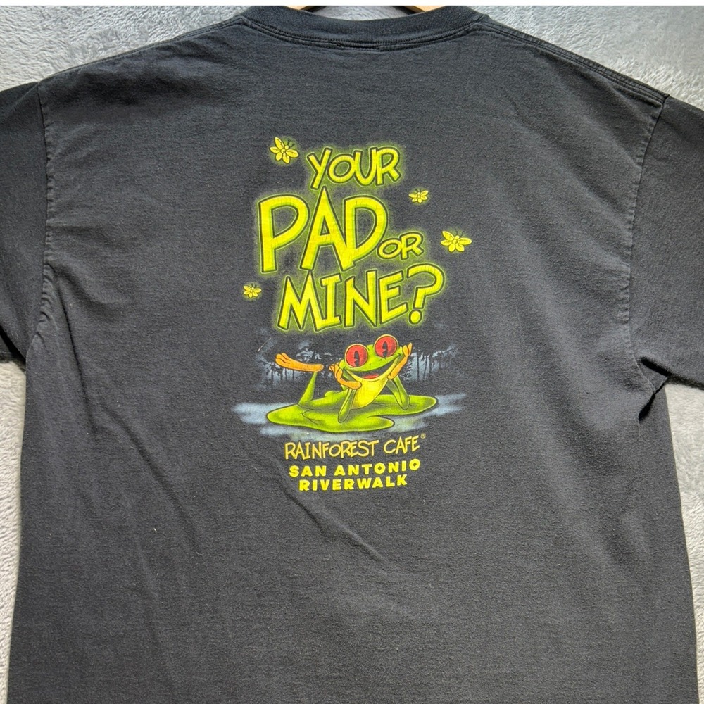 Vintage Rainforest Cafe San Antonio Your Pad Mine Frog Shirt XL Boxy Black Fade